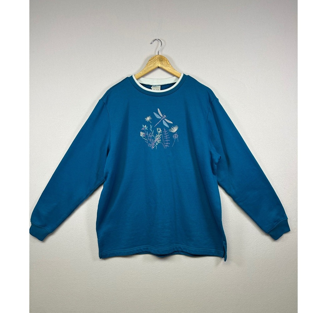 Cottagecore Blair Womens Large Teal Blue Dragonfly Embroidered Fleece Sweatshirt